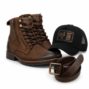 Kit Bota Coturno Ortopédico Pegada + Boné Made in Mato + Cinto de Couro de Búfalo [Envio Nacional]