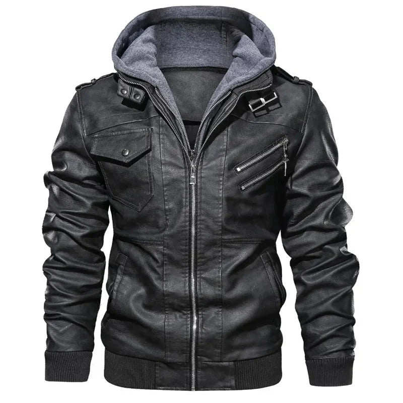 Jaqueta Masculina de Couro com Capuz Removível - Estilo e Versatilidade